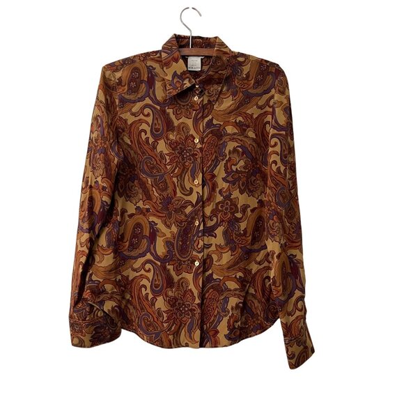 Loro Piana Womens Brown Blue Floral Paisley Silk Button Shirt Size 12 IT46